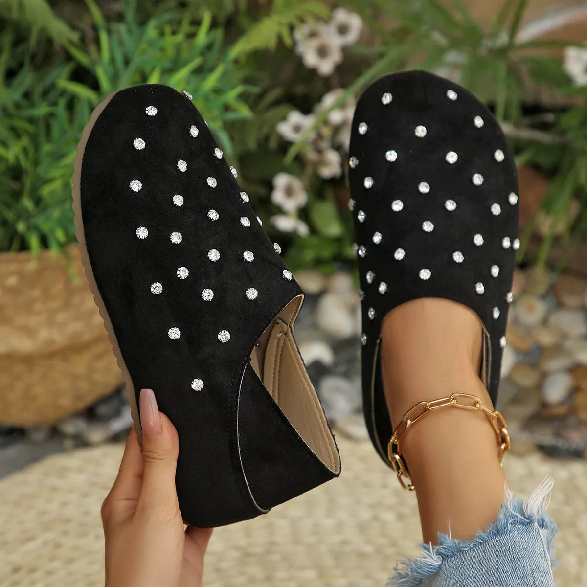 Rhinestone Round Toe Slip-Ons - Lilixa.store