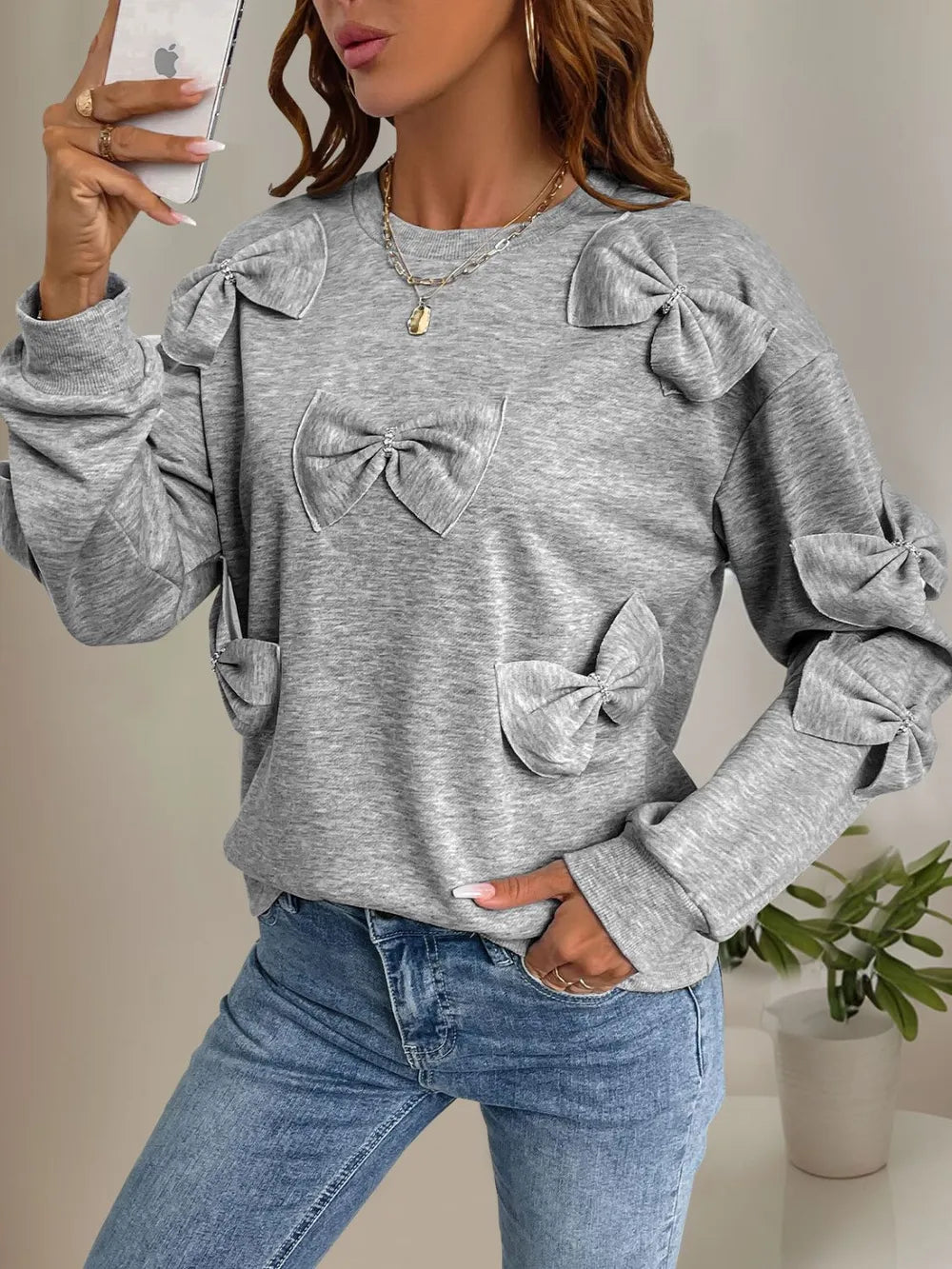 Perfee Bow Round Neck Long Sleeve Sweatshirt - Lilixa.store