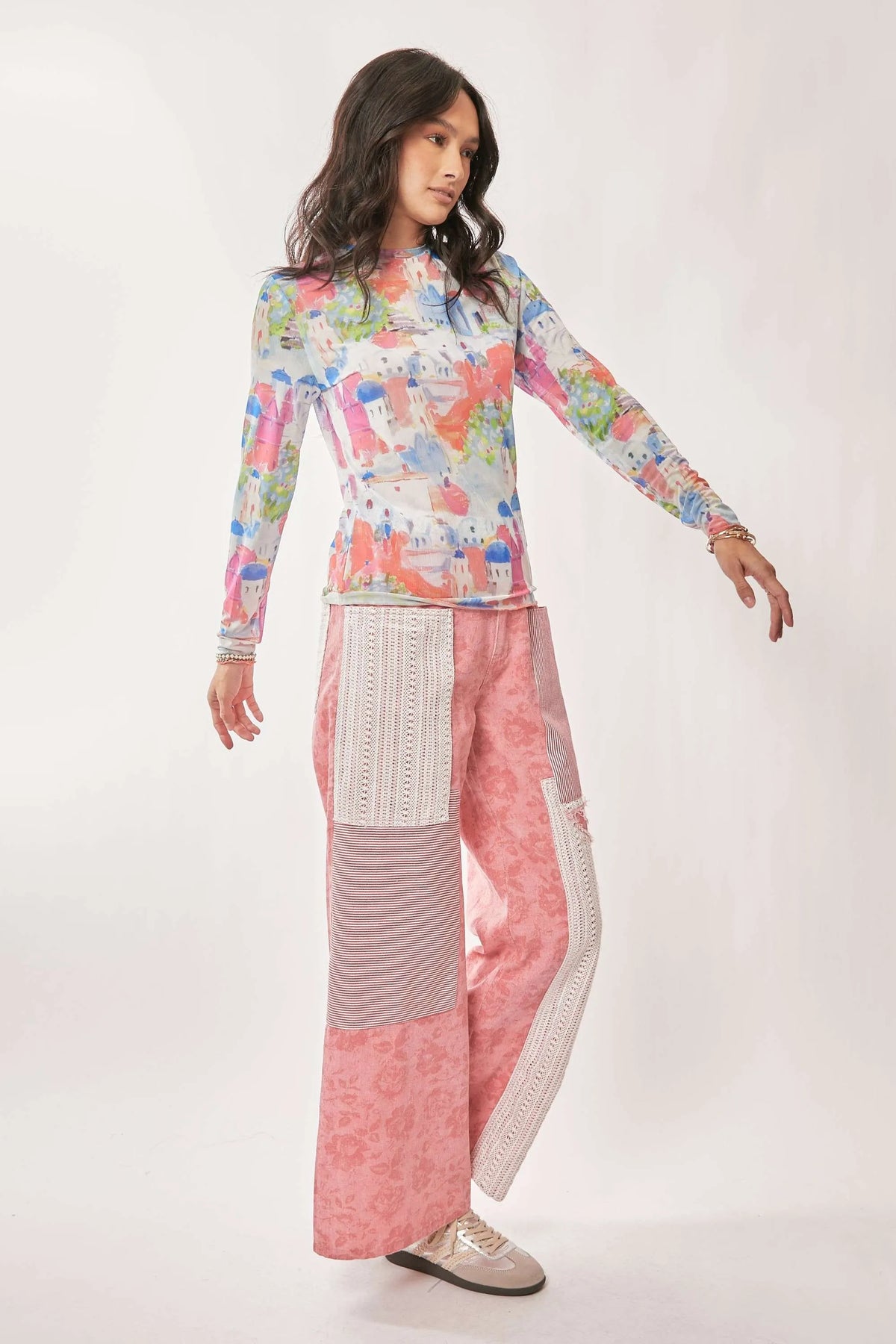 Davi & Dani Multi Printed Mesh Round Neck Long Sleeve Top - Lilixa.store