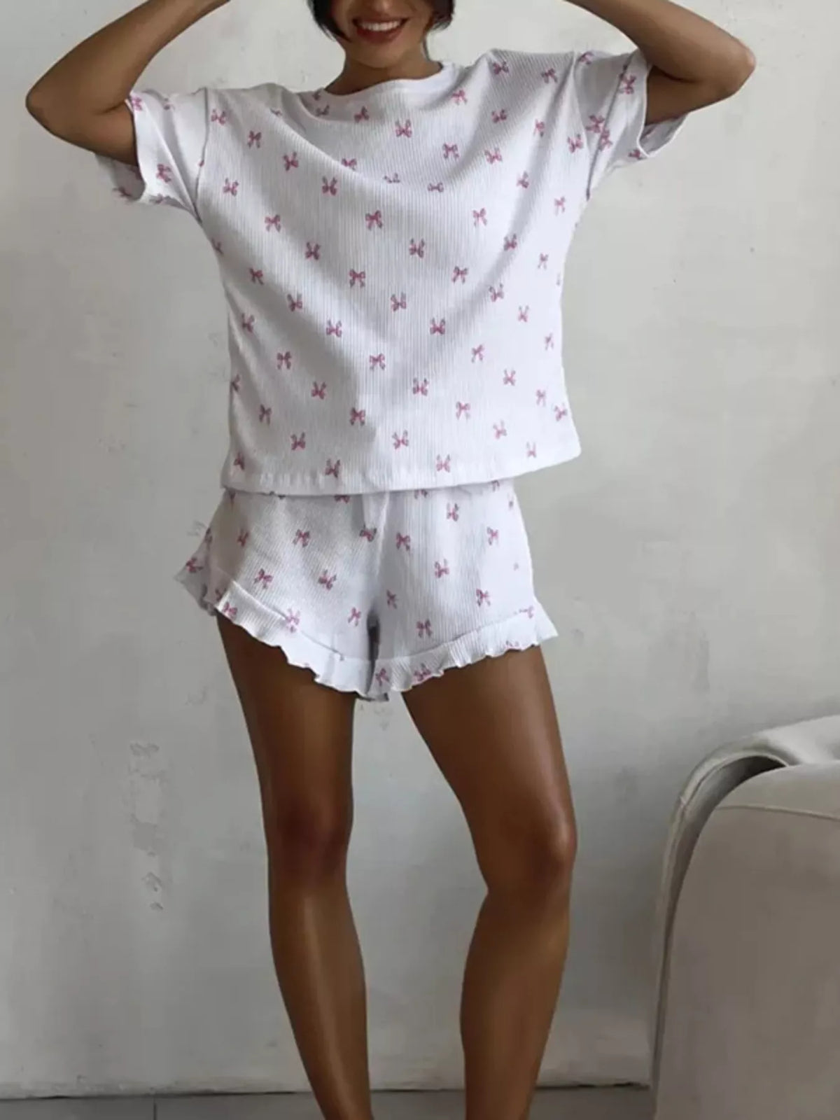 Ribbed Knit Bow Print Top and Shorts Lounge Set - Lilixa.store