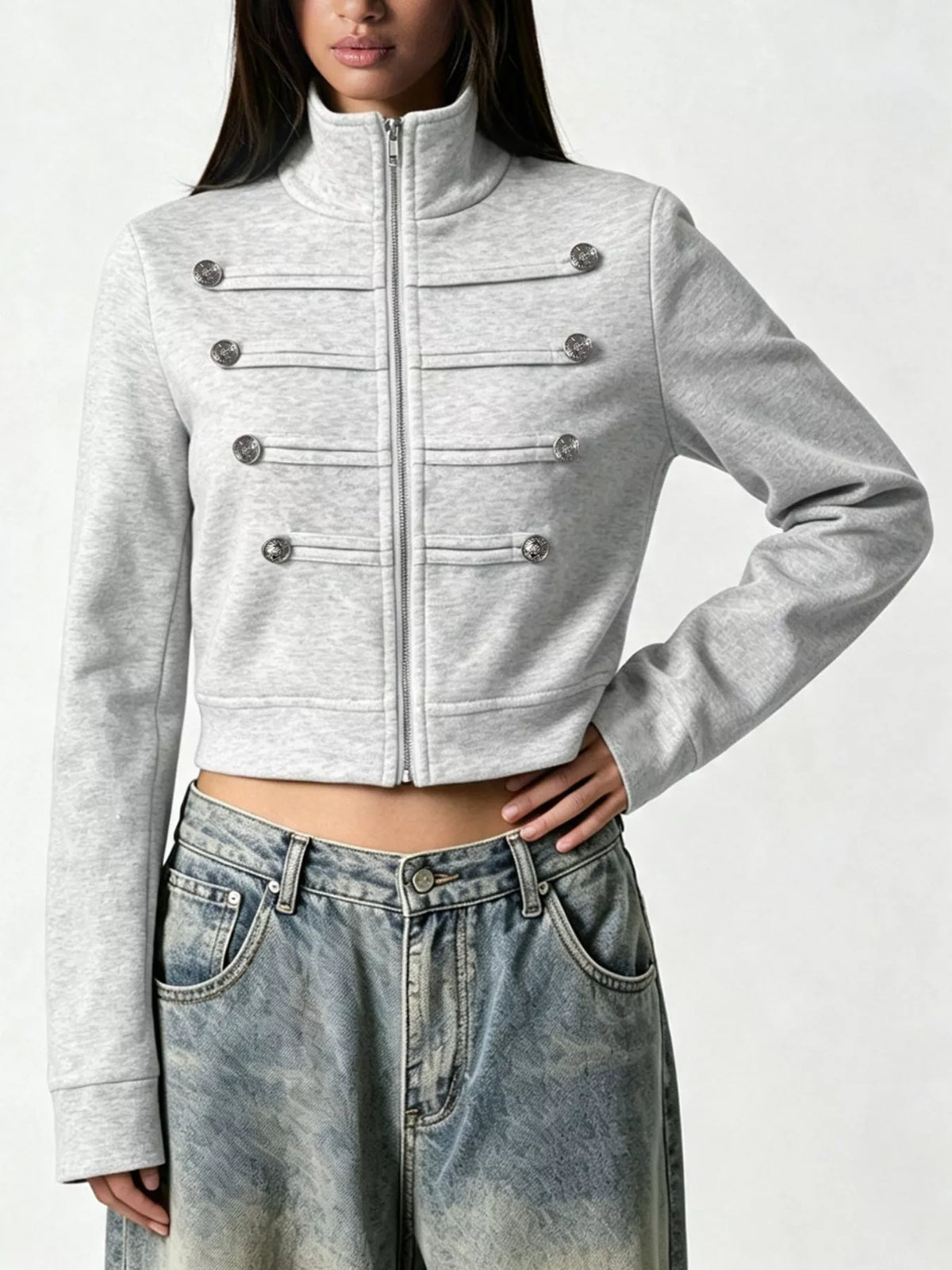 Cropped Zip-Up Outerwear with Decorative Buttons - Lilixa.store