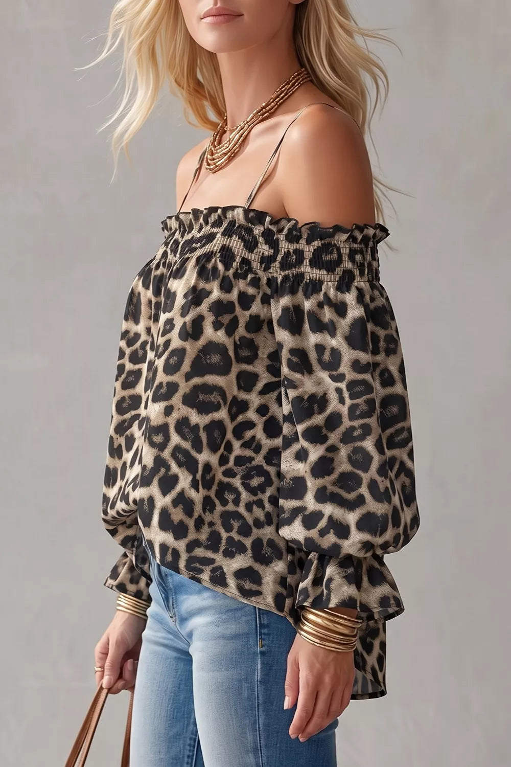 Spaghetti Strap Leopard Long Sleeve Blouse, view 3
