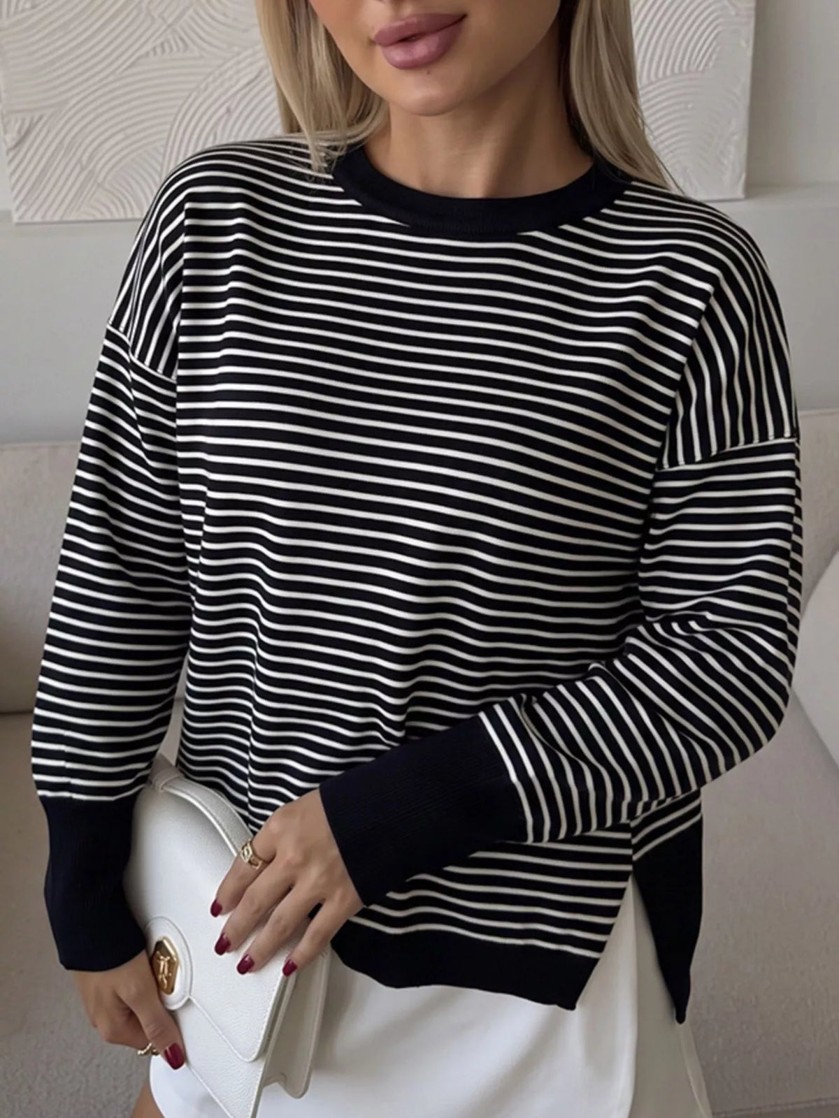 Striped Round Neck Knit Top in Black