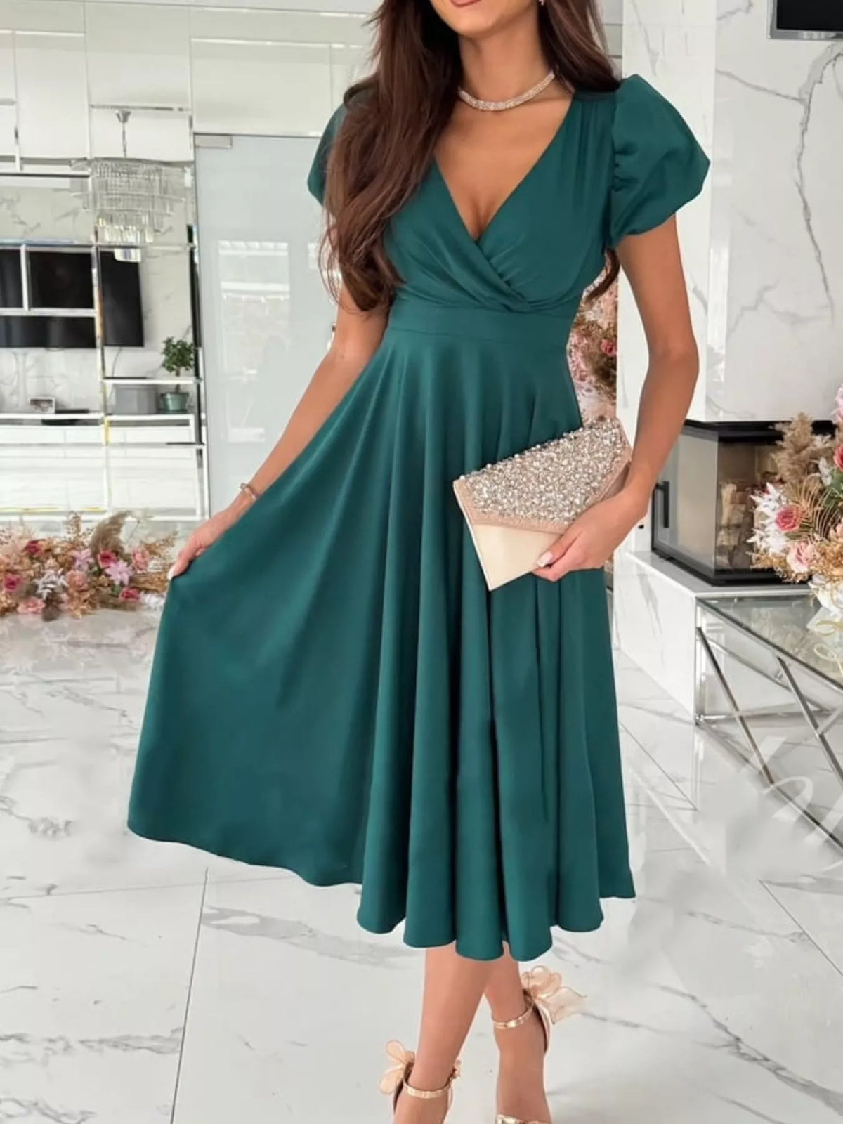 Surplice Puff Sleeve Midi Dress, view 4