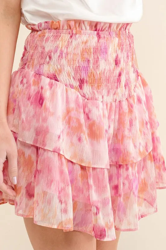 And The Why Printed Lurex Smocked Waist Tiered Skort