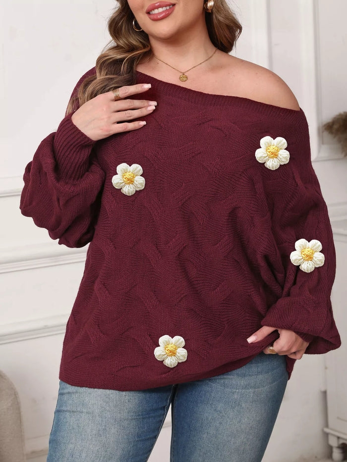 Plus Size One-Shoulder Floral Applique Sweater in Wine Red