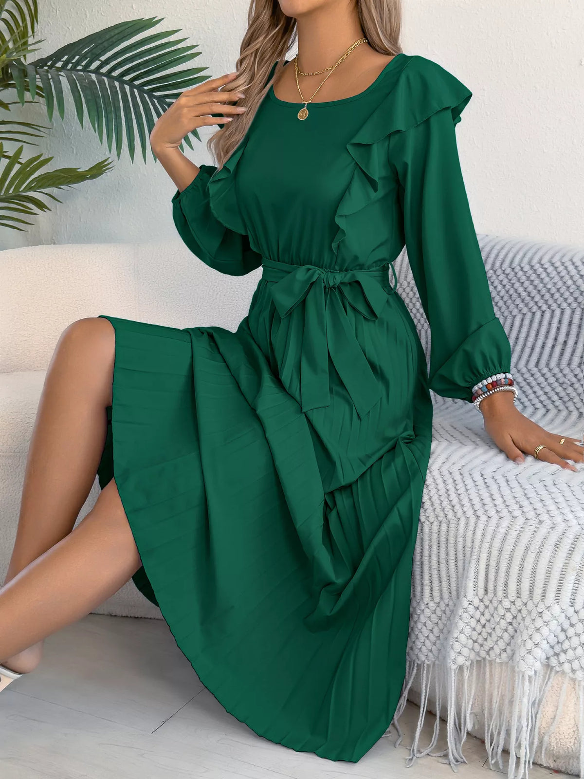 Ruffled Pleated Midi Dress with Waist Tie, view 10