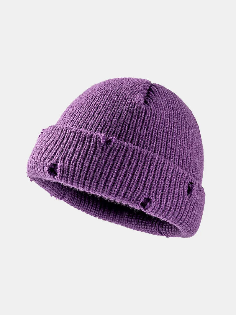 Distressed Cuffed Knit Hat in Purple