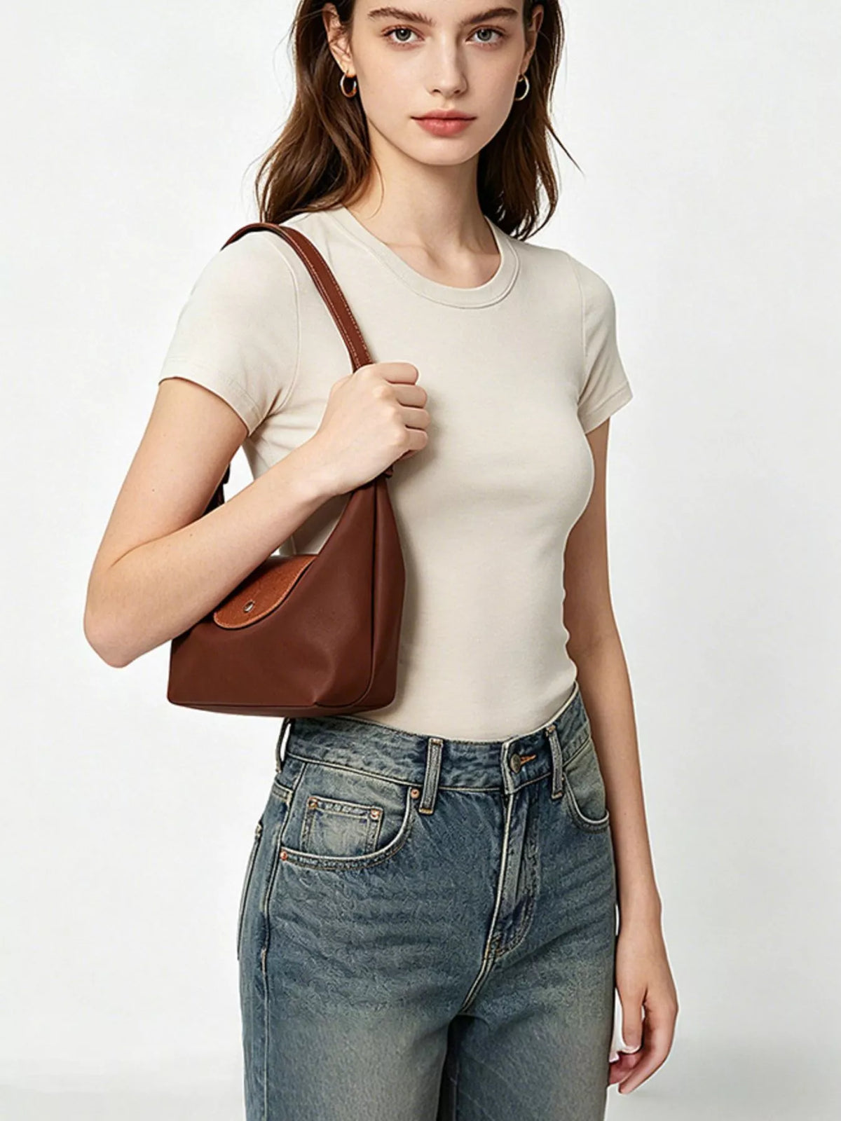 Minimalist Leather-Trimmed Shoulder Bag in Dark Brown
