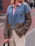Contrast Denim and Knit Patchwork Cardigan - Lilixa.store