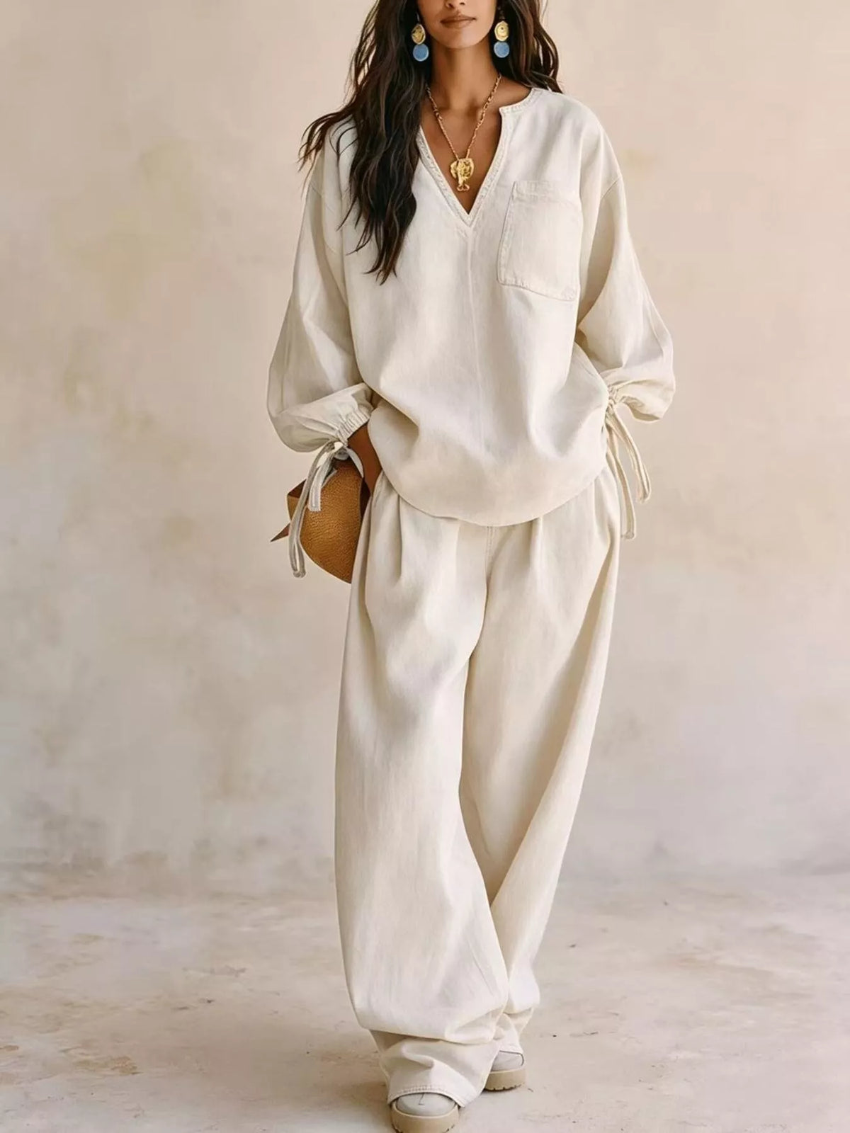 Relaxed Fit Drawstring Sleeve Detail Top and Pants Denim Set, view 3