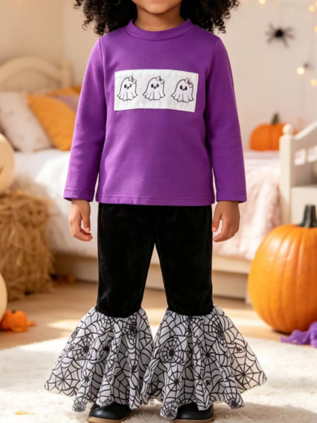 Children's Halloween Pumpkin Long Sleeve Top and Spiderweb Bell Bottom Set - Lilixa.store