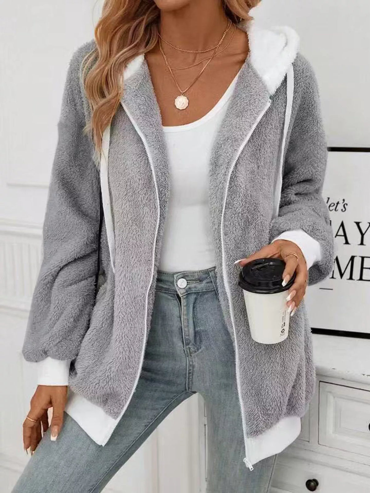 Cozy Fleece Zip-Up Outerwear in Gray, view 5