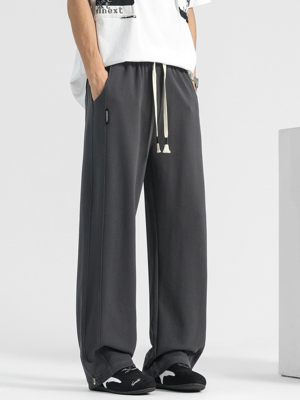Men's Plus Size Casual Loose-Fit Drawstring Pants in Dark Gray