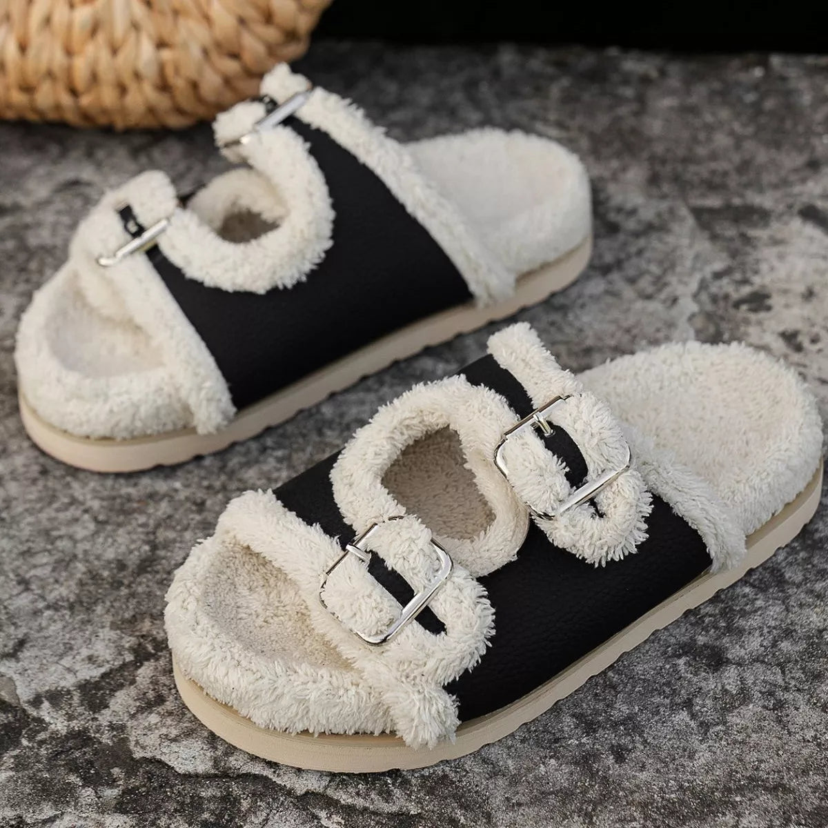 Buckle Decor Plush Lined Platform Slippers - Lilixa.store