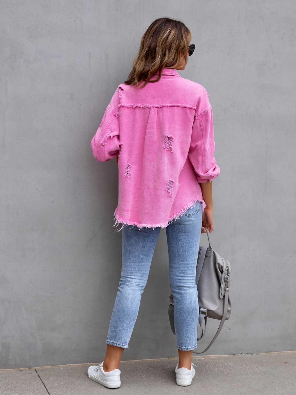 Distressed Drop Shoulder Denim Jacket - Lilixa.store