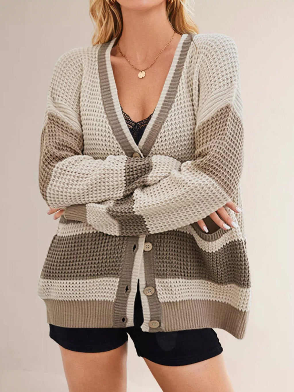 Color Block V-Neck Cardigan - Lilixa.store