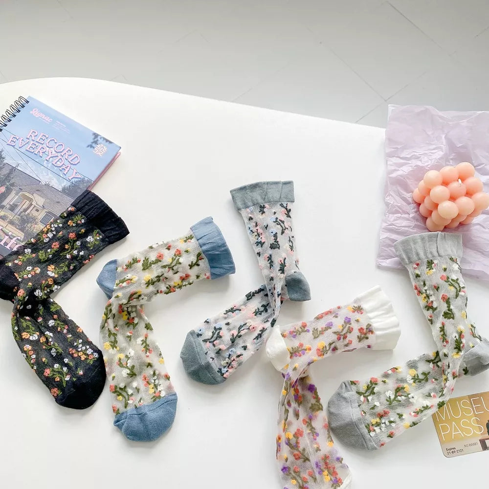 Floral Sheer Crew Socks 5 Pair Set