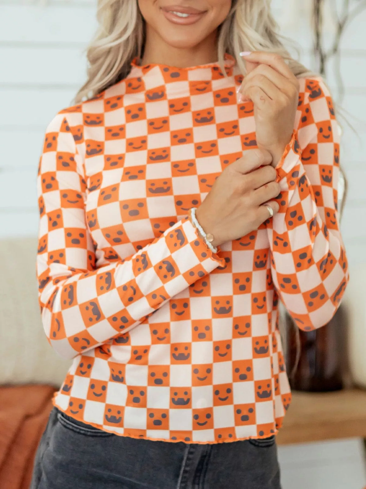 Abstract Halloween Pattern Long Sleeve Mock Neck Blouse - Lilixa.store