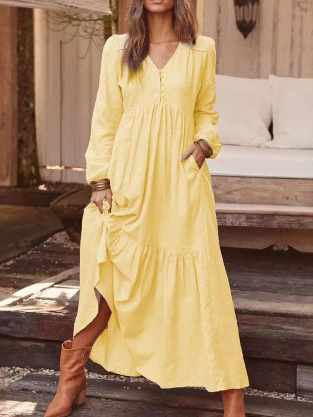 Full Size V-Neck Long Sleeve Tiered Maxi Dress with Pockets Plus Size - Lilixa.store