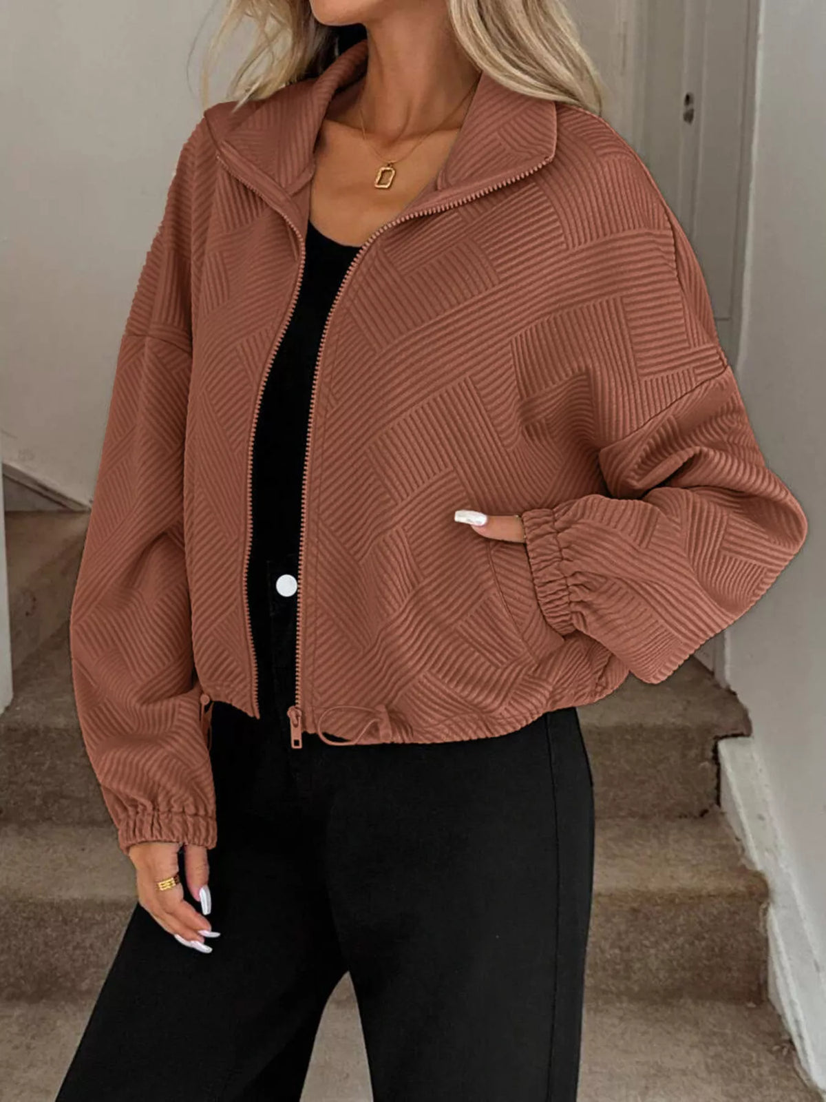 Drawstring Hem Textured Long Sleeve Jacket, view 17