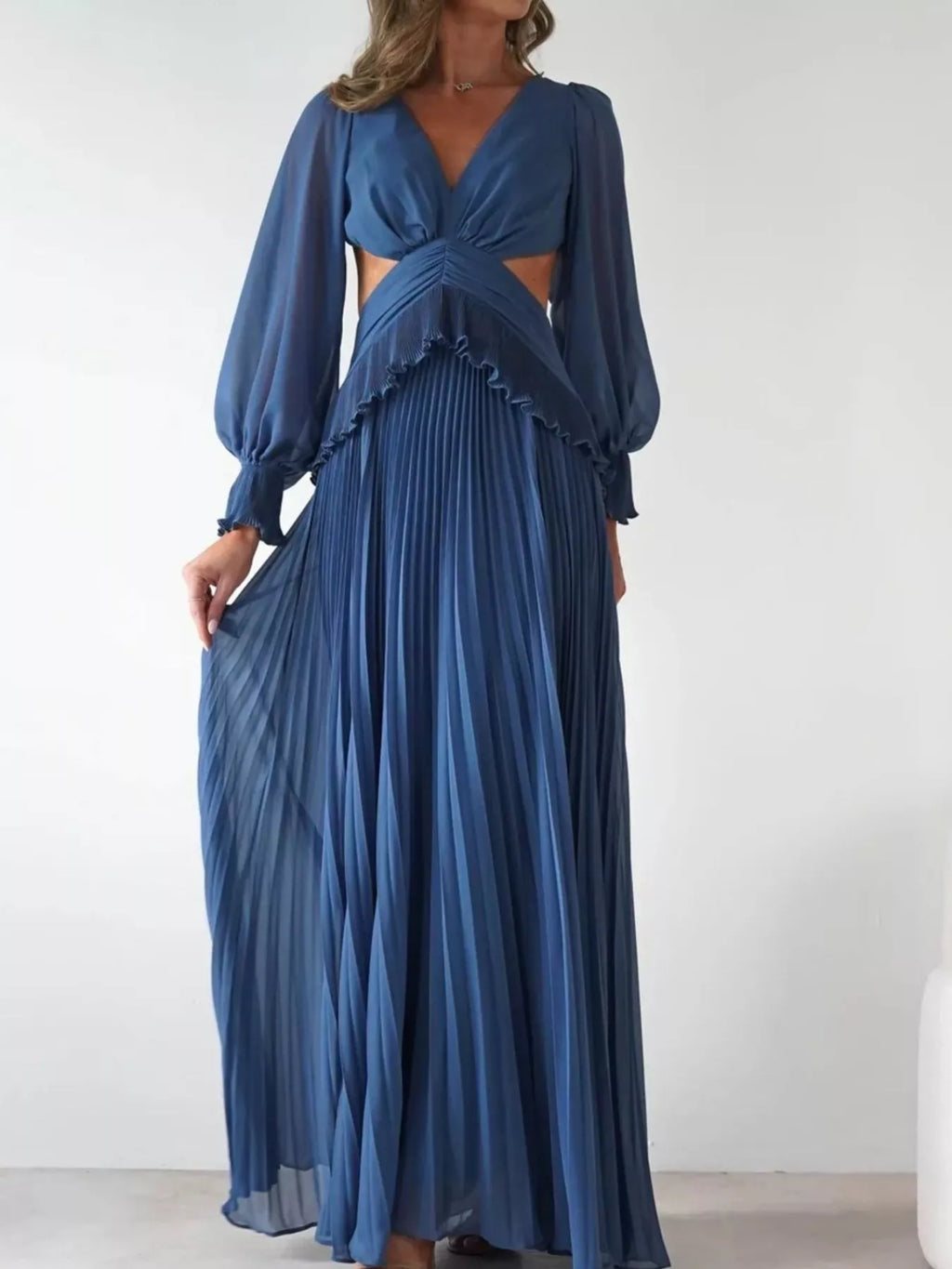 Backless Pleated Long Sleeve Maxi Dress - Lilixa.store