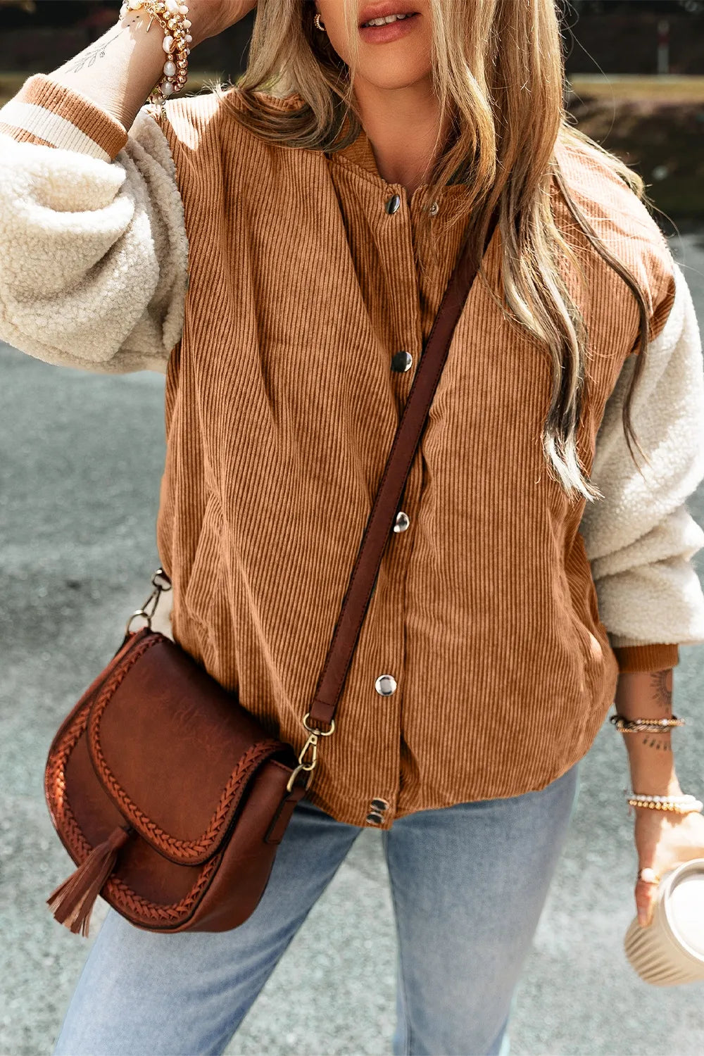 Contrast Baseball Collar Snap Down Long Sleeve Jacket in Terracotta