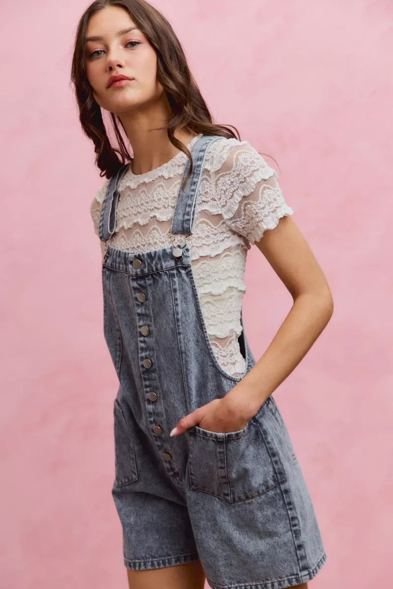 SO ME Denim Washed On Front With Adjustable Strap Romper - Lilixa.store