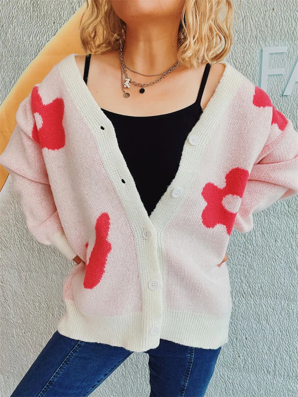 Flower Button Down V-Neck Long Sleeve Cardigan - Lilixa.store