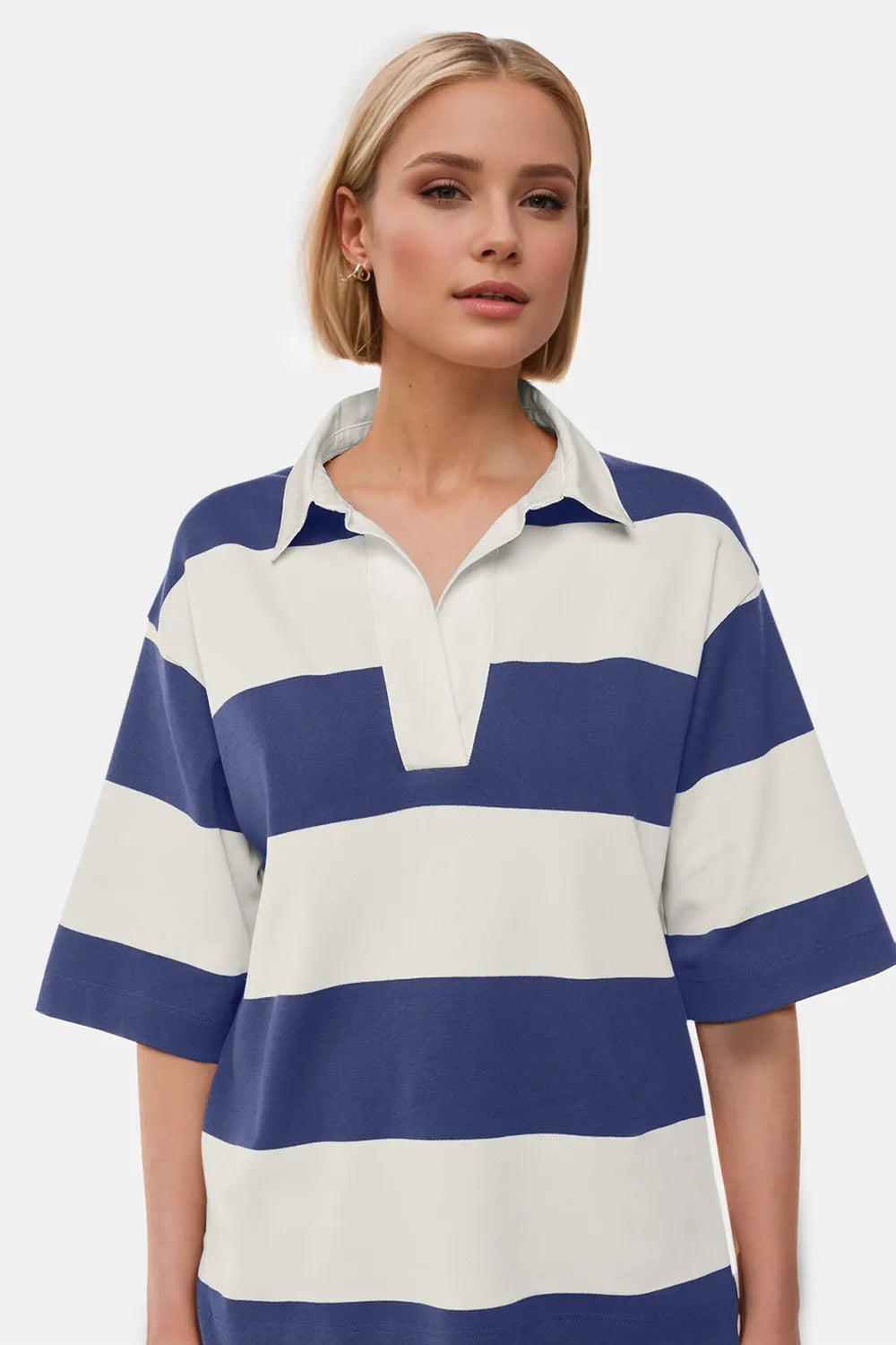 Oh Pima Cotton Wash Color Block Johnny Collar Half Sleeve Top - Lilixa.store