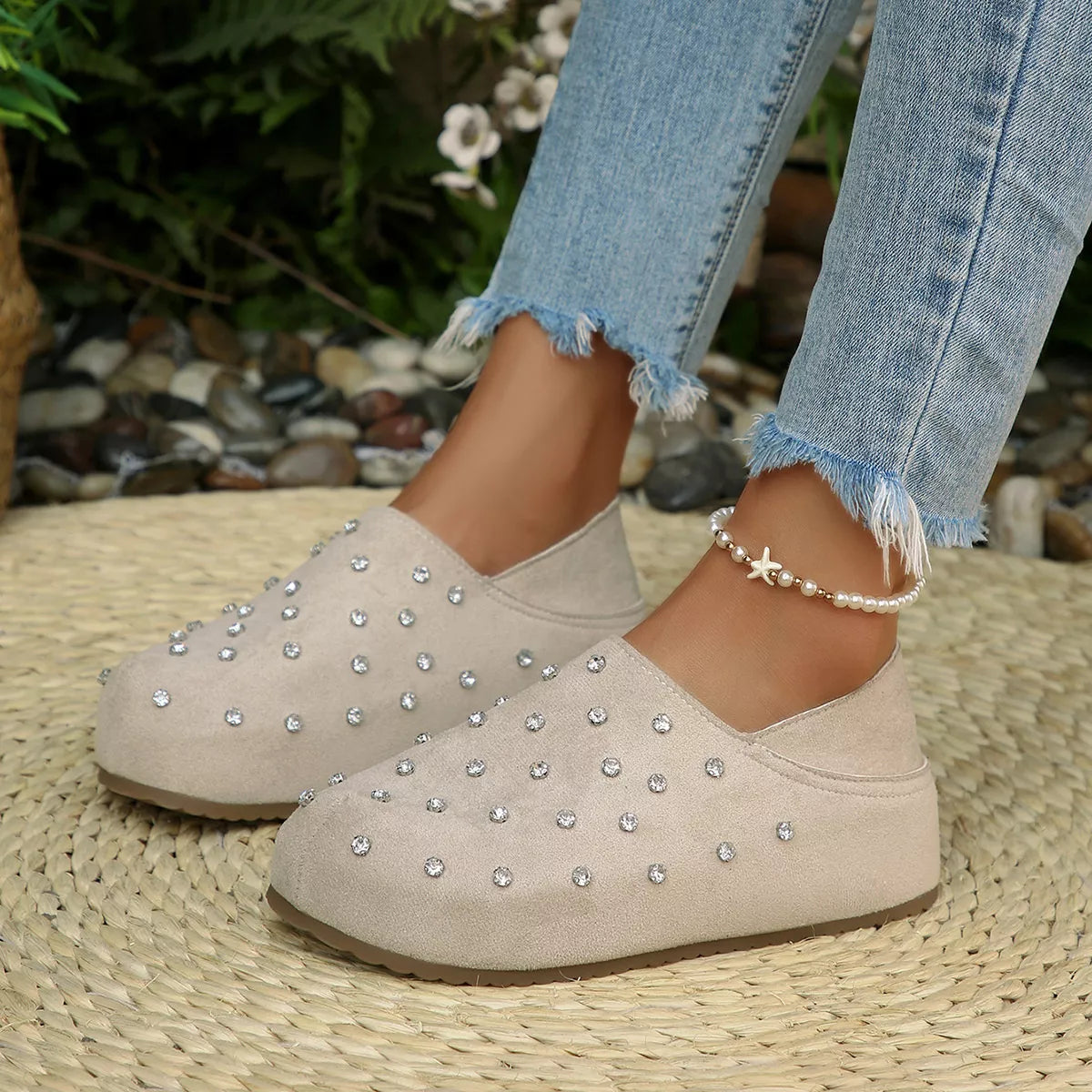 Rhinestone Round Toe Slip-Ons - Lilixa.store