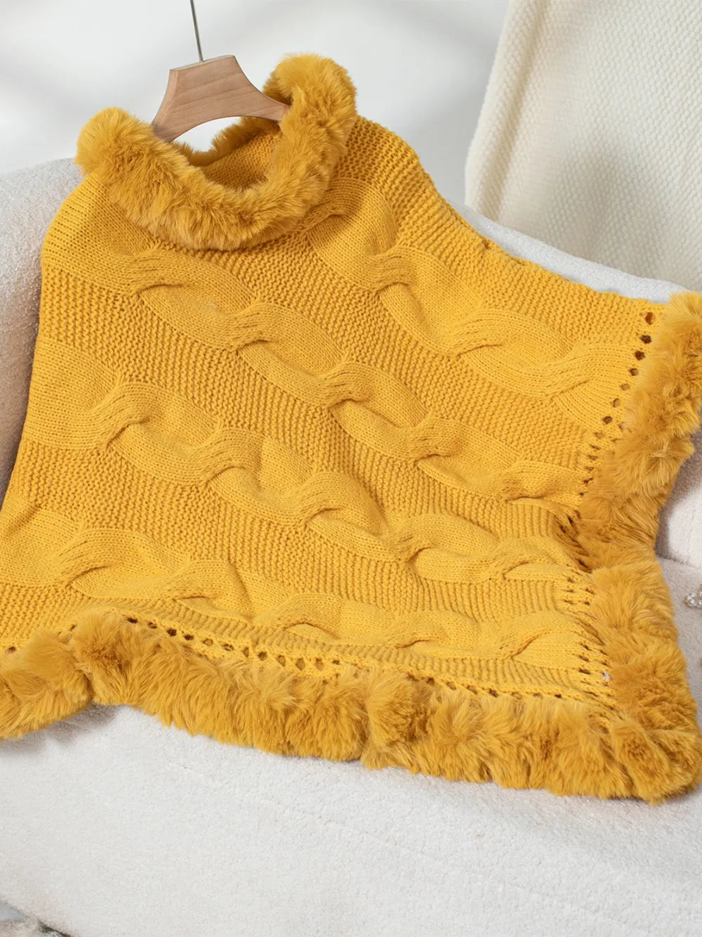 Fuzzy Hem Cable-Knit Poncho - Lilixa.store