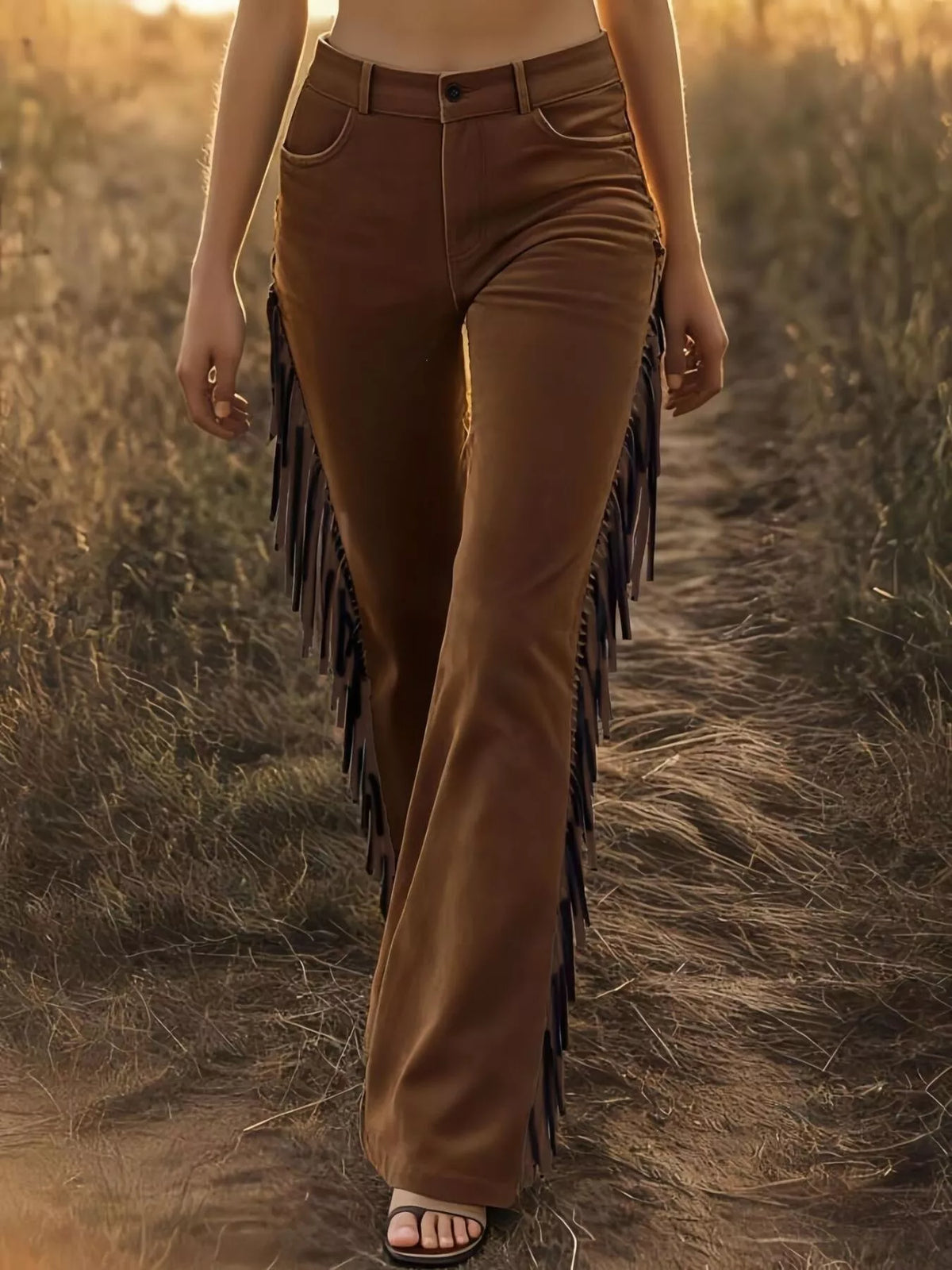 Fringed High Waist Pants in Brown