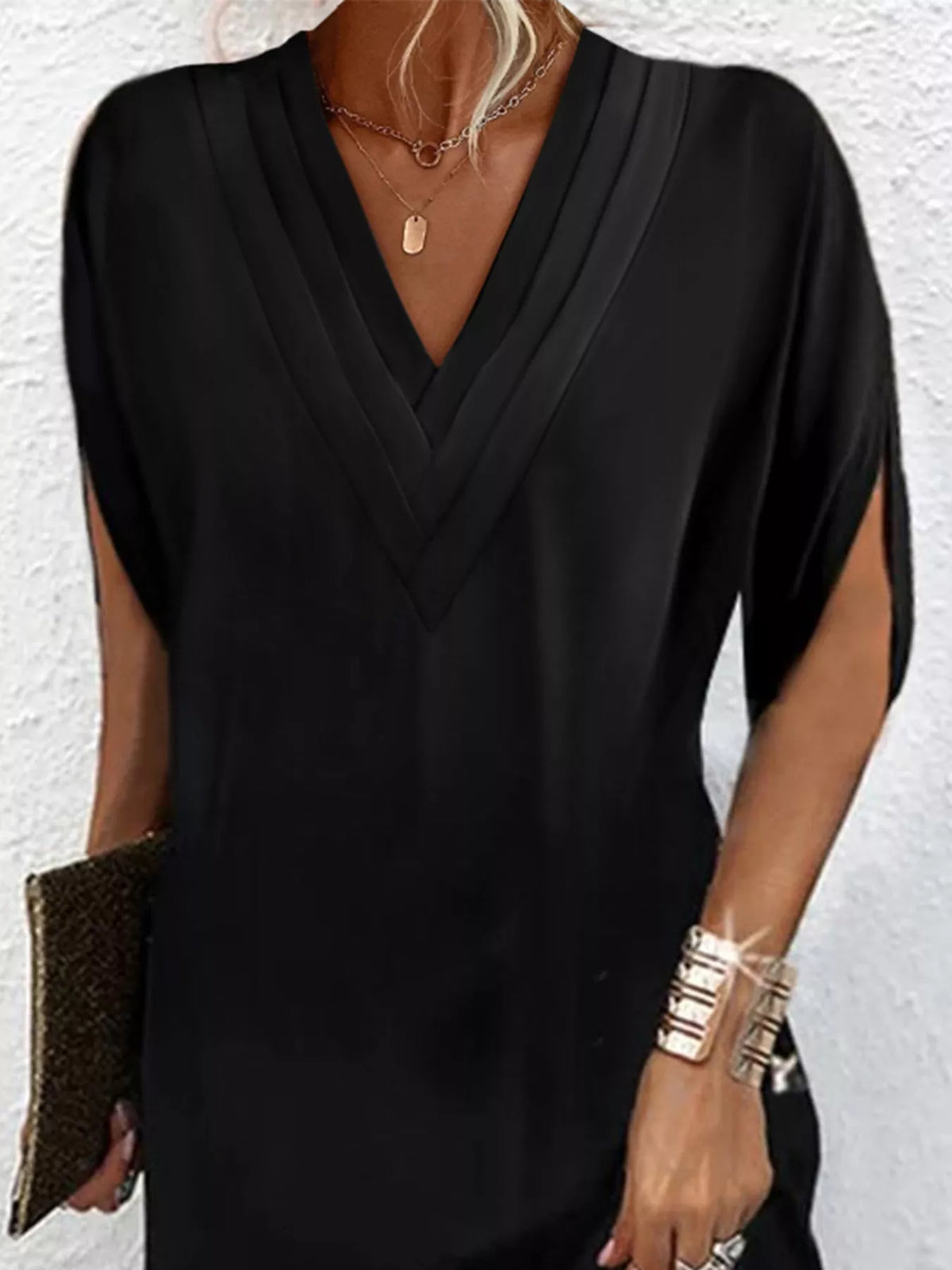 Full Size V-Neck Slit Sleeve Mini Dress Plus Size - Lilixa.store