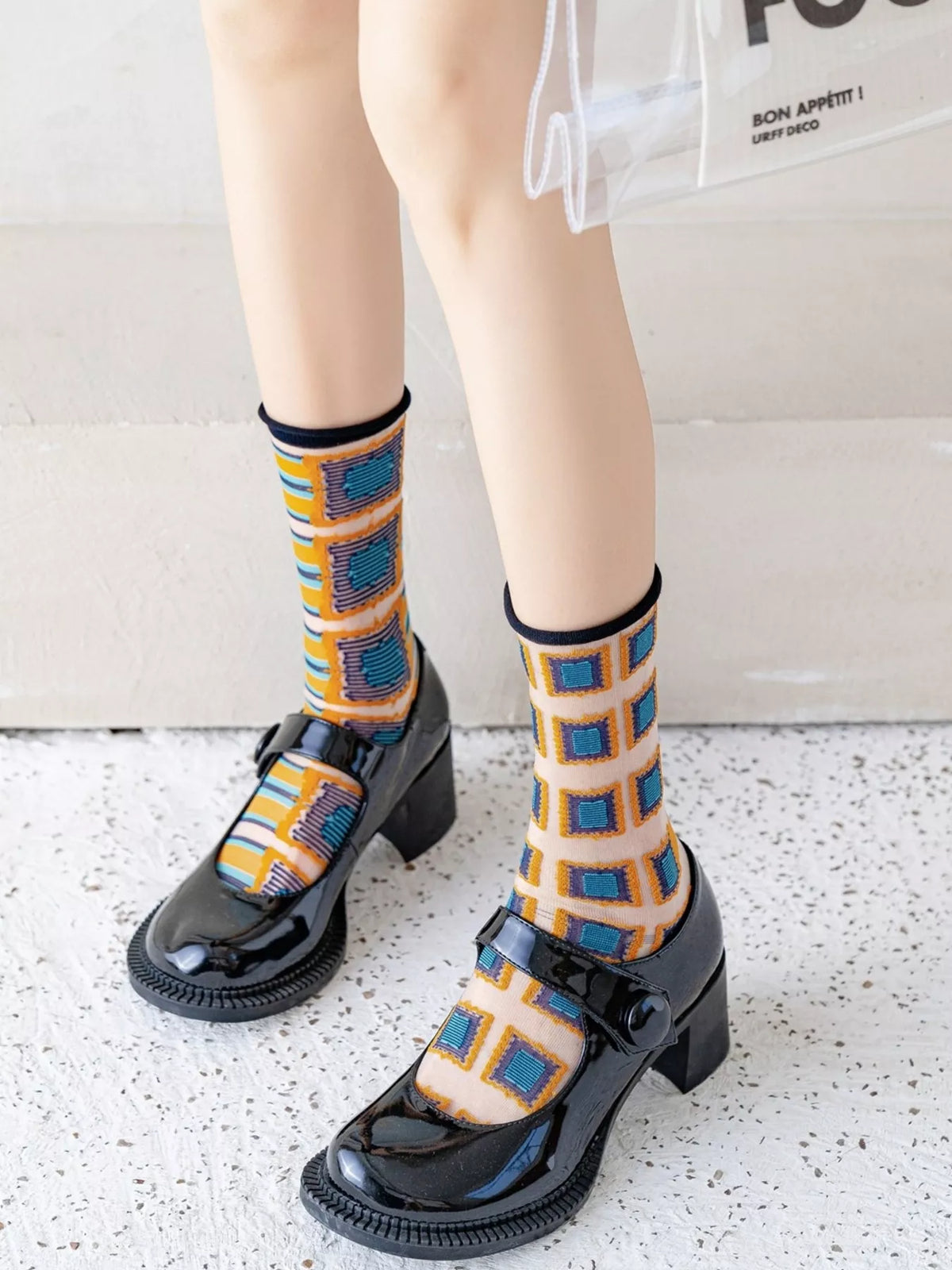 Geometric Abstract Print Socks in Caramel
