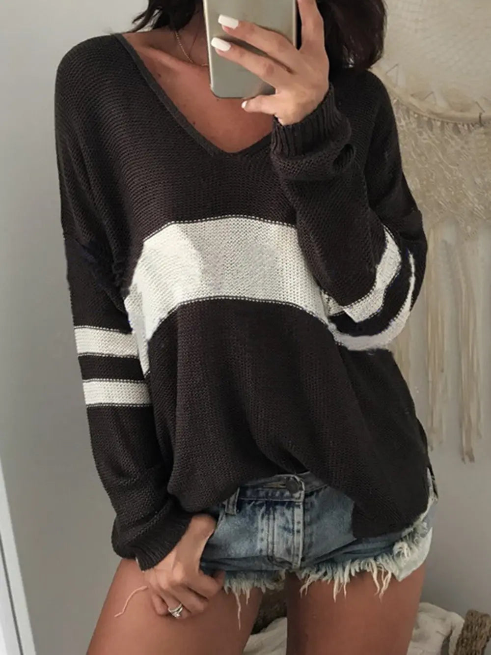 Striped V-Neck Long Sleeve Sweater in Black
