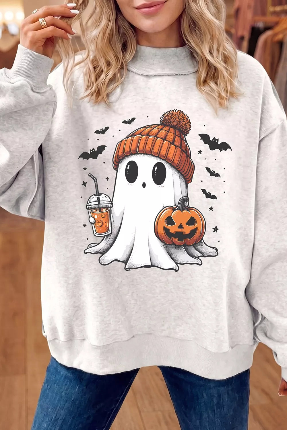Reversible Halloween Graphic Mock Neck Tunic Sweatshirt - Lilixa.store