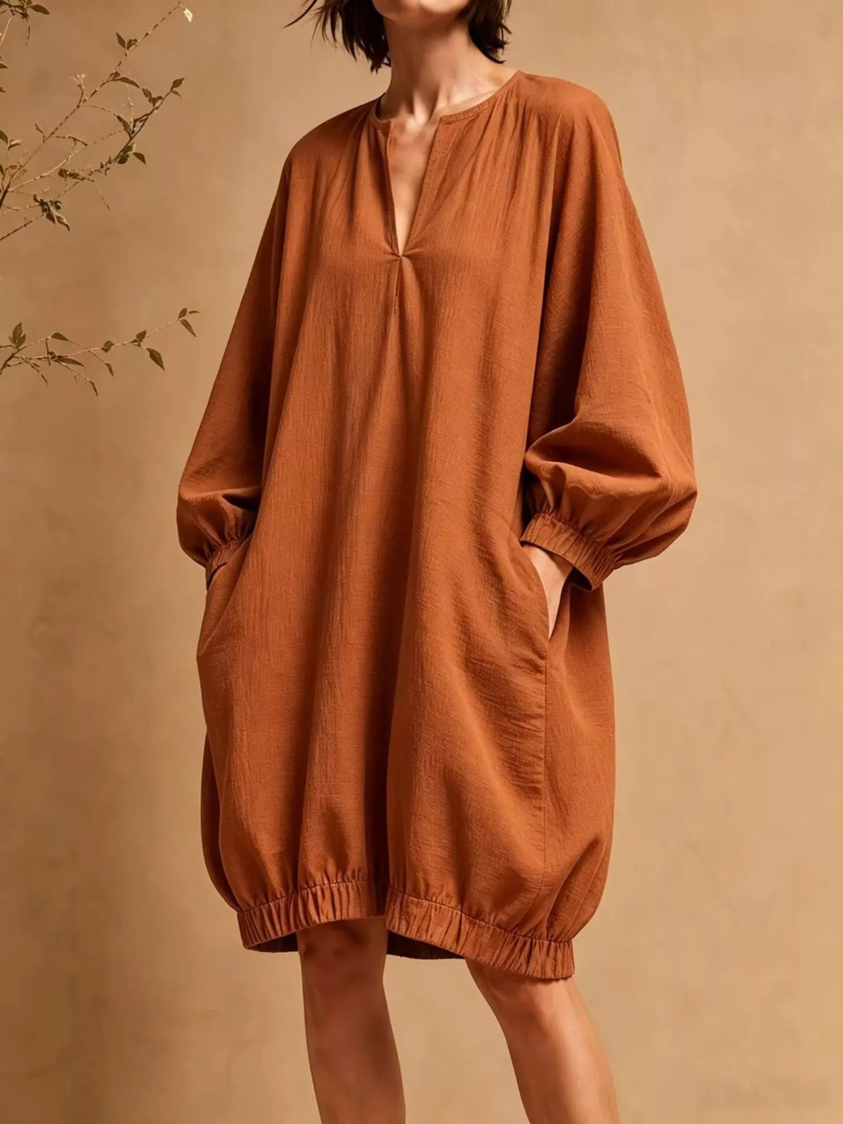 Casual Loose-Fit Balloon Sleeve Mini Dress with Pockets in Terracotta