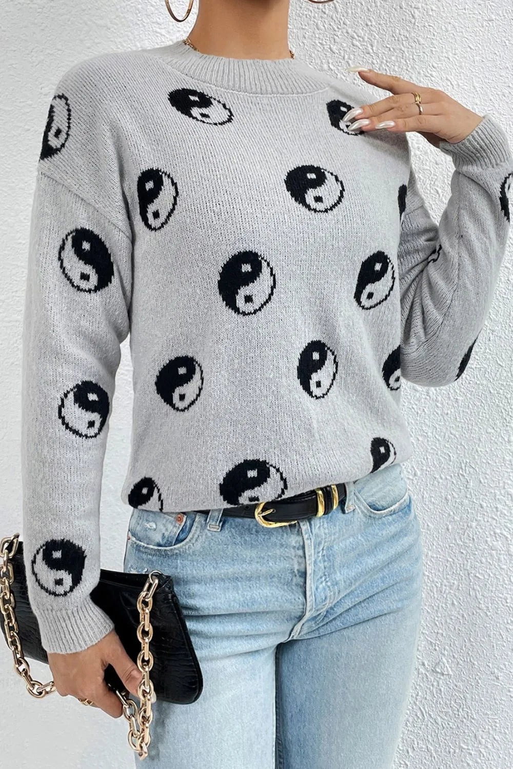 Graphic Mock Neck Dropped Shoulder Sweater - Lilixa.store