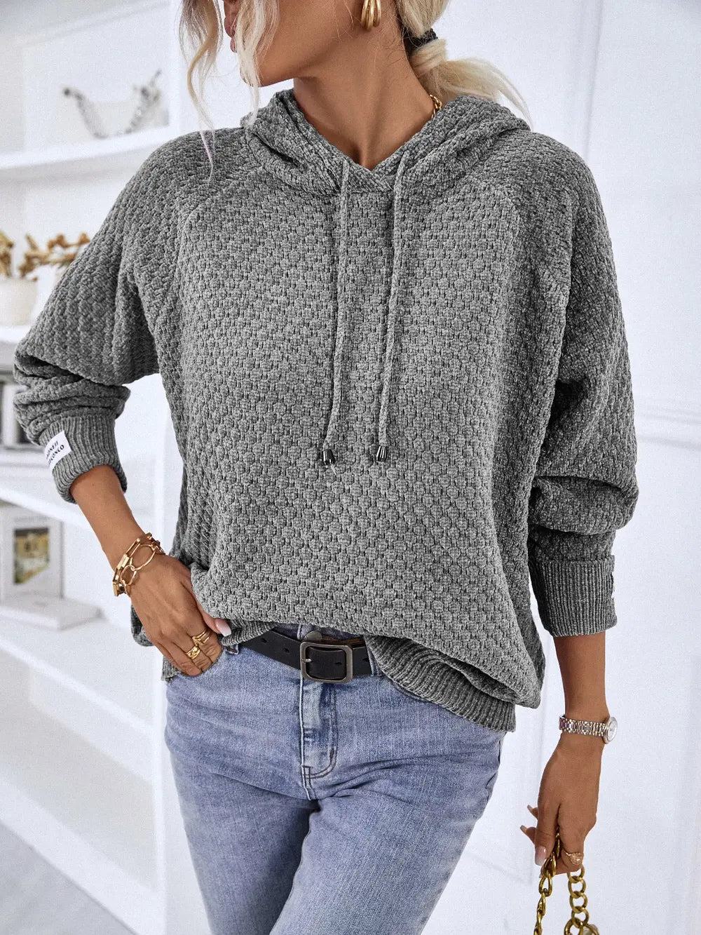 Texture Drawstring Long Sleeve Hooded Sweater in Charcoal