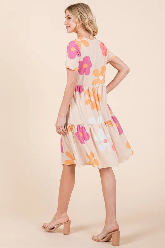BOMBOM Floral Round Neck Short Sleeve Tiered Dress - Lilixa.store