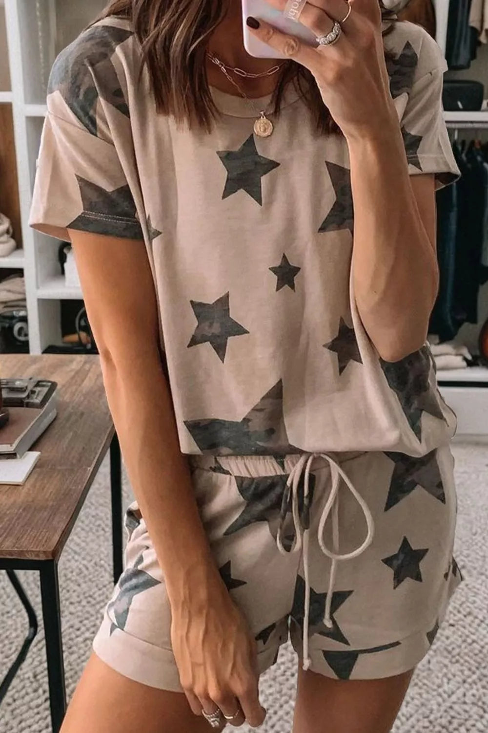 Camo Star Print Tee and Shorts Lounge Set - Lilixa.store