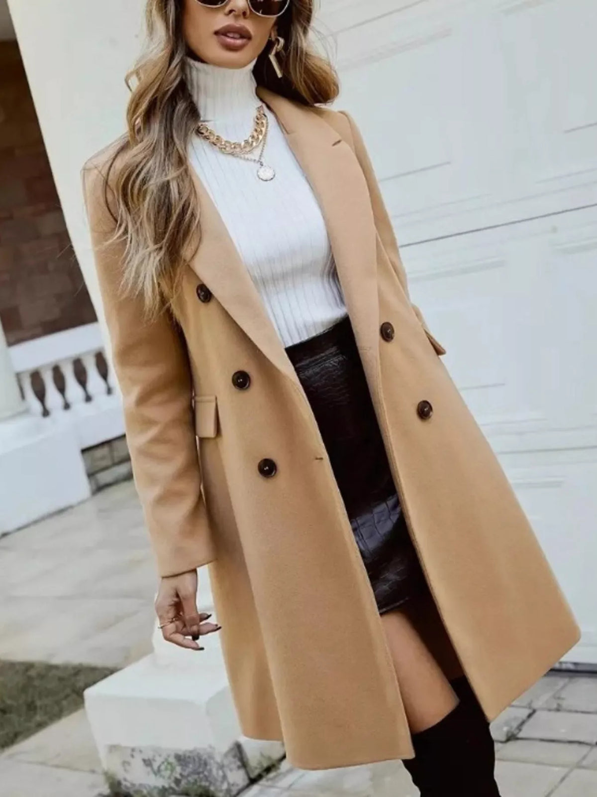 Double-Breasted Longline Coat in Brown