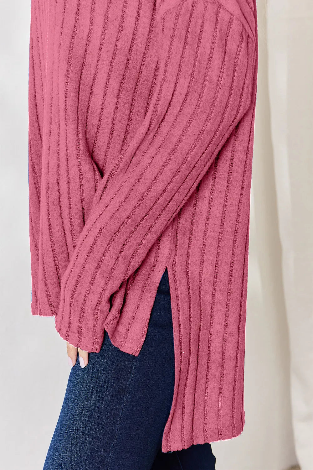 Basic Bae Full Size Ribbed Half Button Long Sleeve High-Low T-Shirt - Lilixa.store