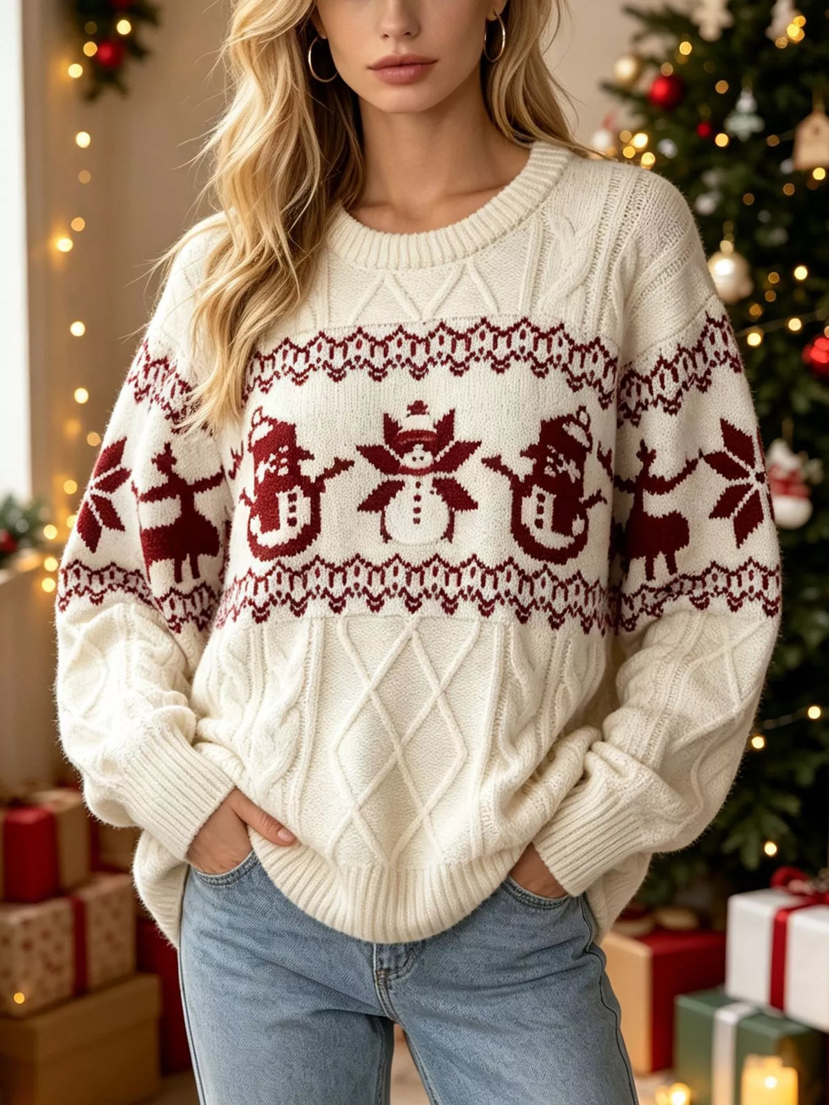 Christmas Snowman Pattern Cable Knit Sweater in White
