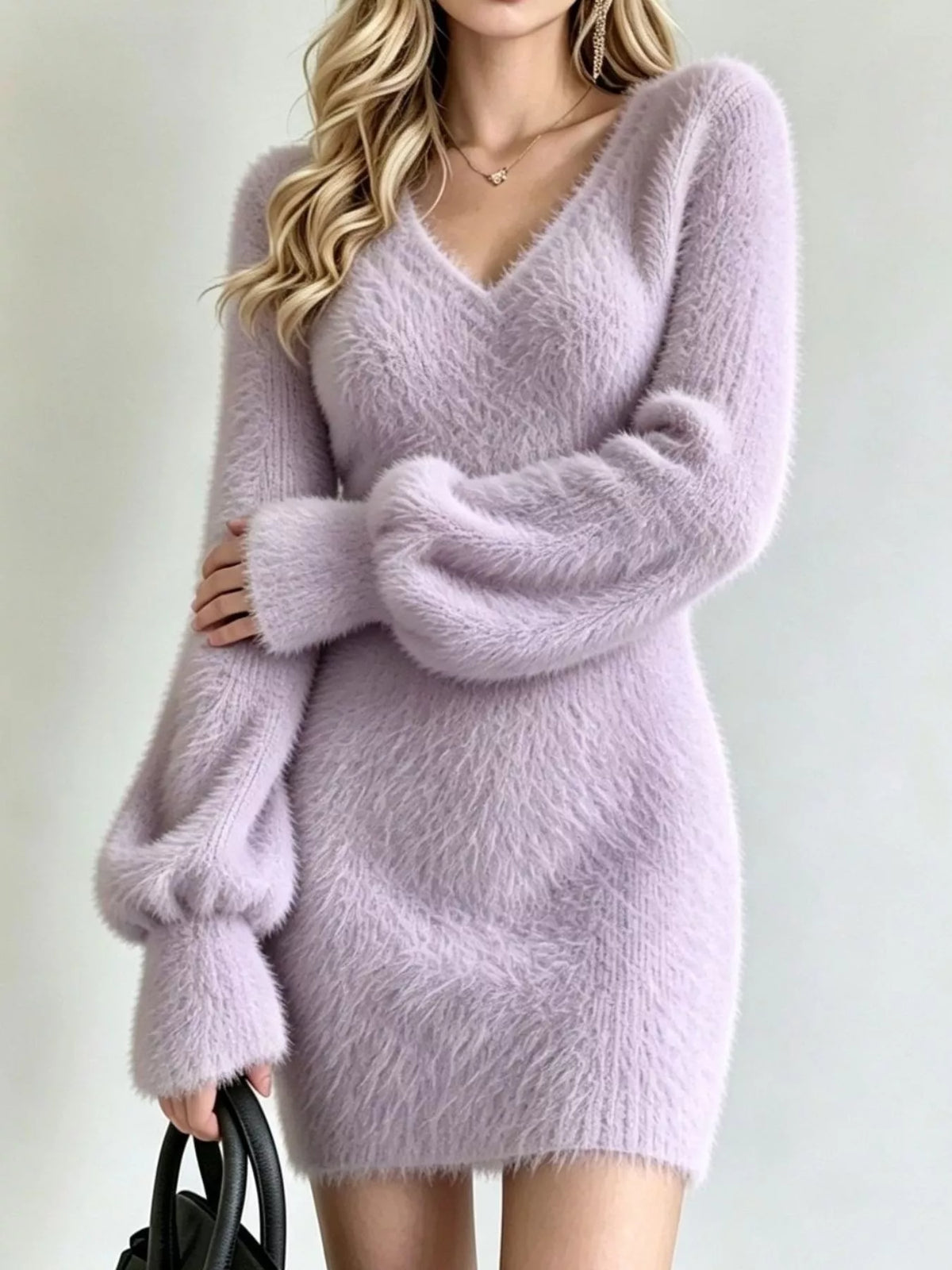 V-Neck Fuzzy Knit Sweater Dress - Lilixa.store