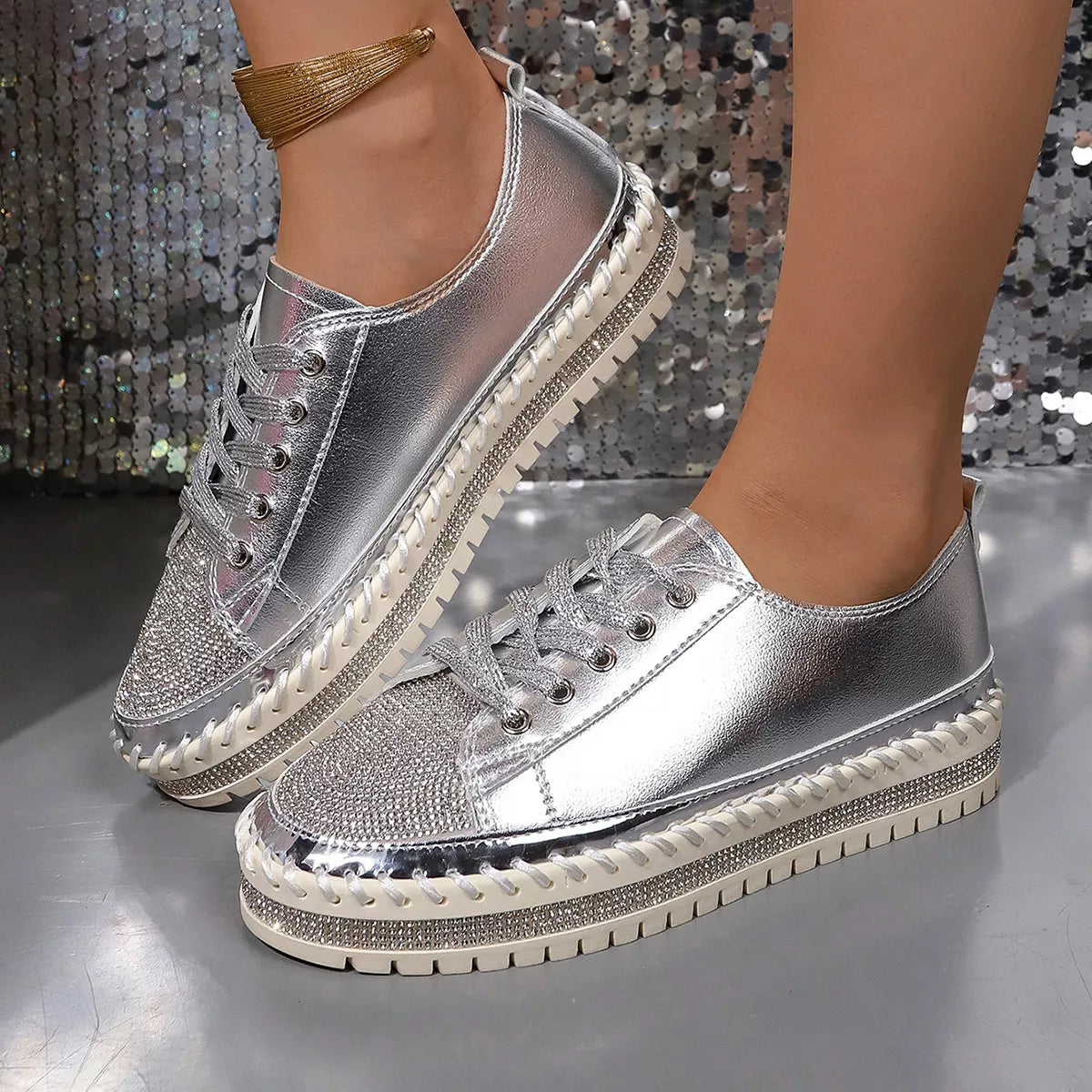 Rhinestone Round Toe Sneakers - Lilixa.store