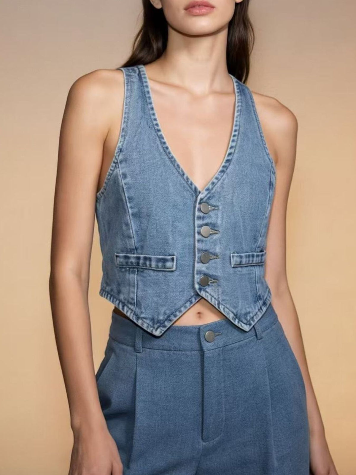 Button-Down Denim Vest - Lilixa.store