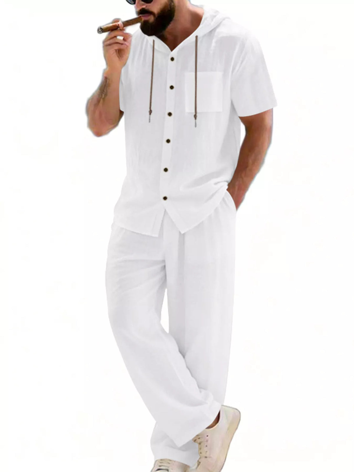 Men's Full Size Casual Hooded Short Sleeve Shirt and Pants Two-Piece Set Plus Size - Lilixa.store