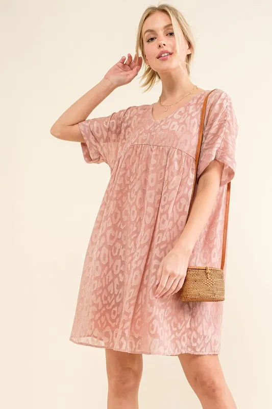 And The Why Woven Leopard Baby Doll Roll-Sleeve Casual Dress - Lilixa.store